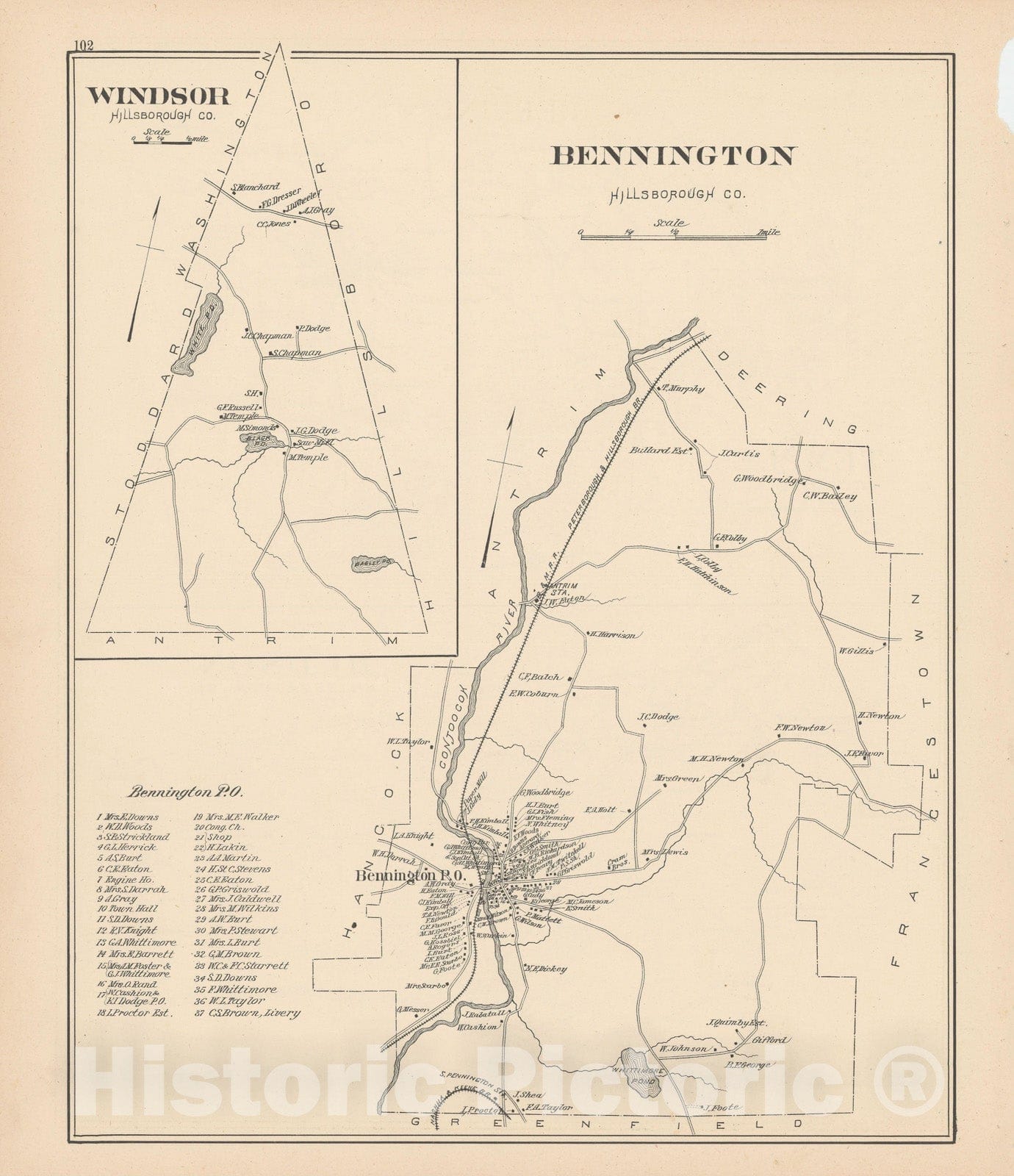 Historic Map : Bennington & Windsor 1892 , Town and City Atlas State of New Hampshire , Vintage Wall Art