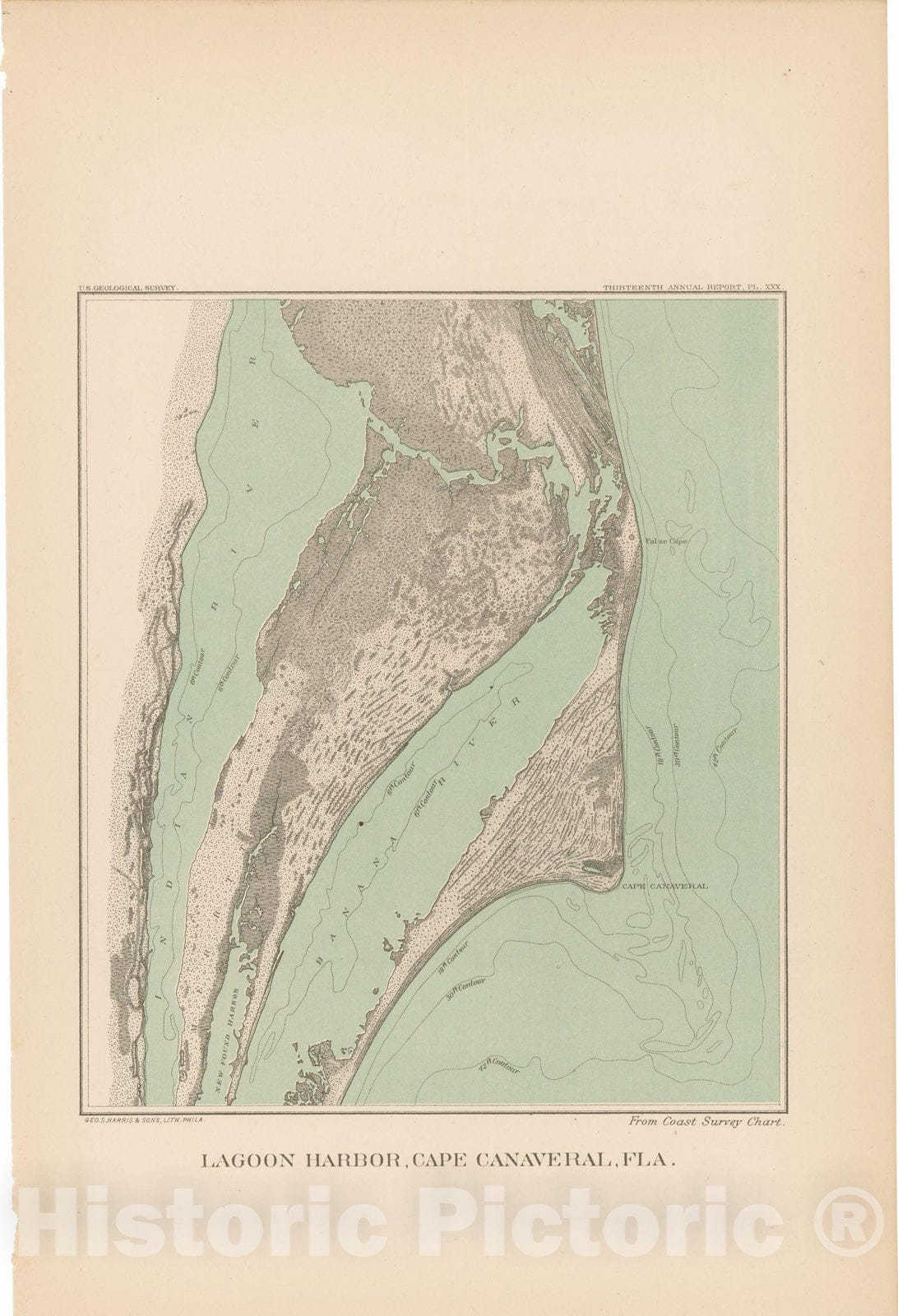 Historic Map : Lagoon Harbor, Cape Canaveral 1893 Topographic Map , 13th Annual Report of the US Geological Survey , Vintage Wall Art