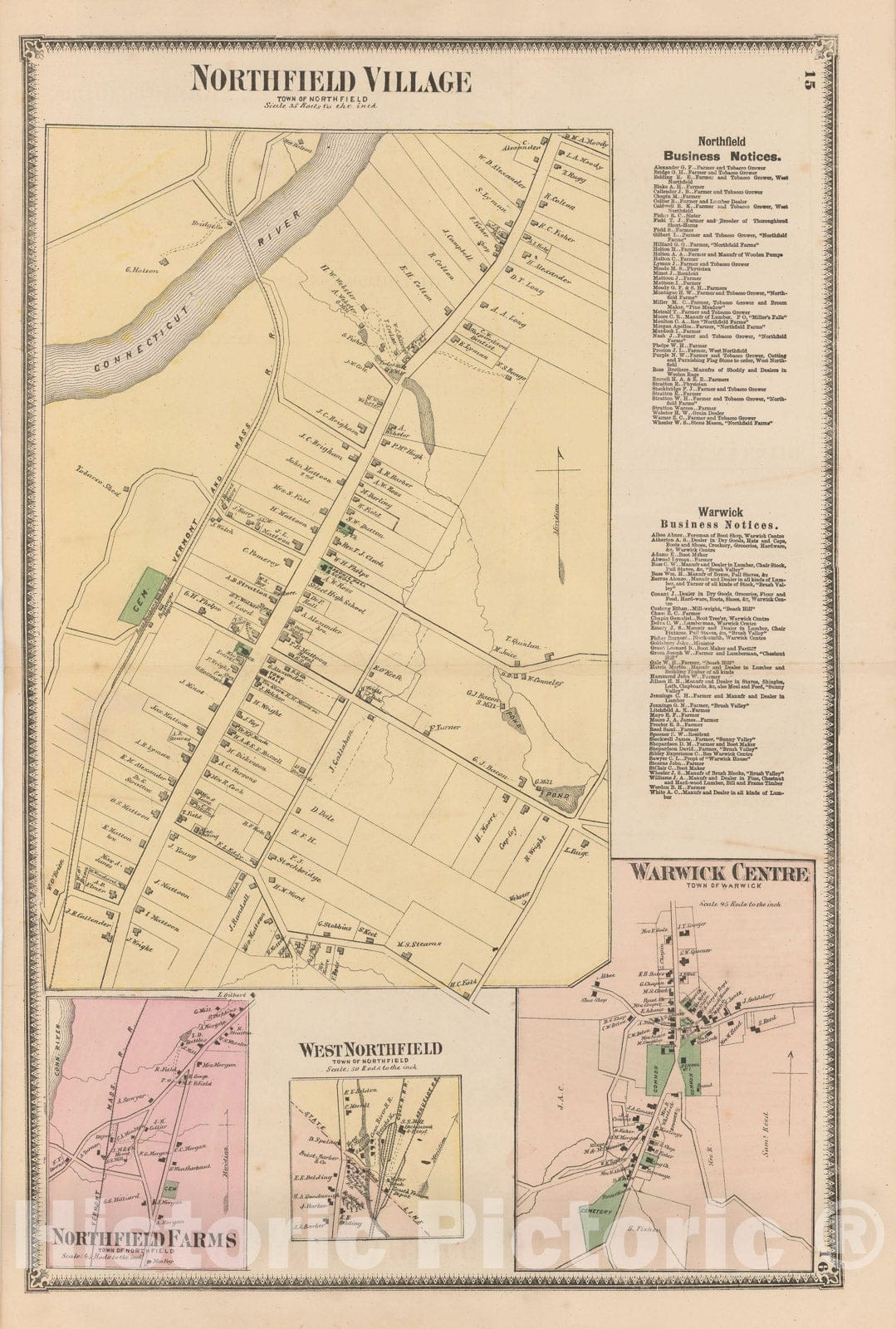 Historic Map : Atlas of Franklin Co. Massachusetts, Northfield & Warwick 1871 , Vintage Wall Art