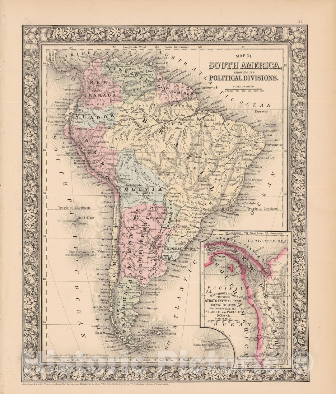 Historic Map : South America 1864 , New General (World) Atlas , Vintage Wall Art