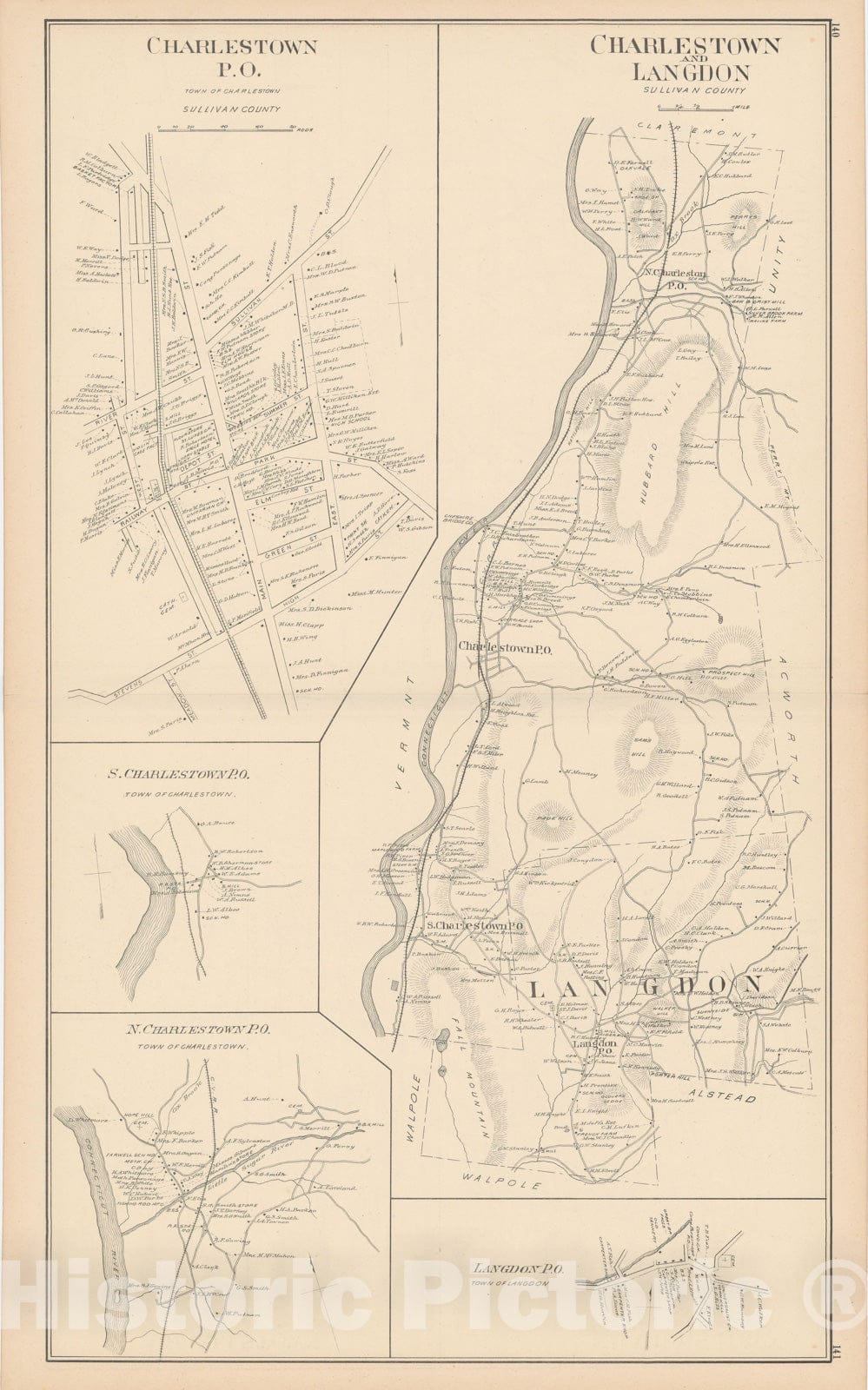 Historic Map : Charlestown & Langdon 1892 , Town and City Atlas State of New Hampshire , Vintage Wall Art