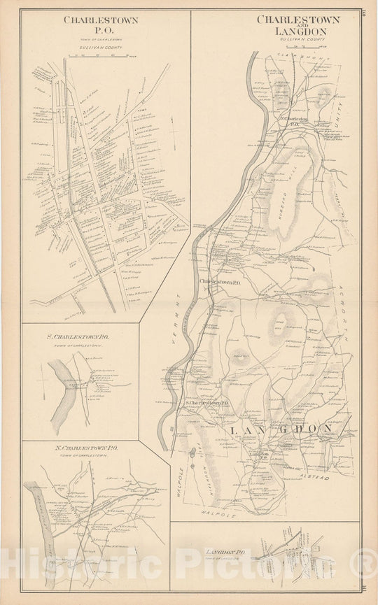 Historic Map : Charlestown & Langdon 1892 , Town and City Atlas State of New Hampshire , Vintage Wall Art