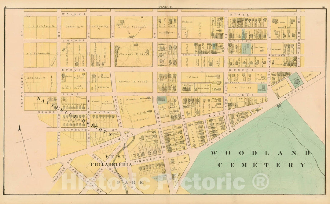 Historic Map : Atlas of West Philadelphia including the 24th & 27th Wards of the City of Philadelphia, West Philadelphia 1872 Plate C , Vintage Wall Art