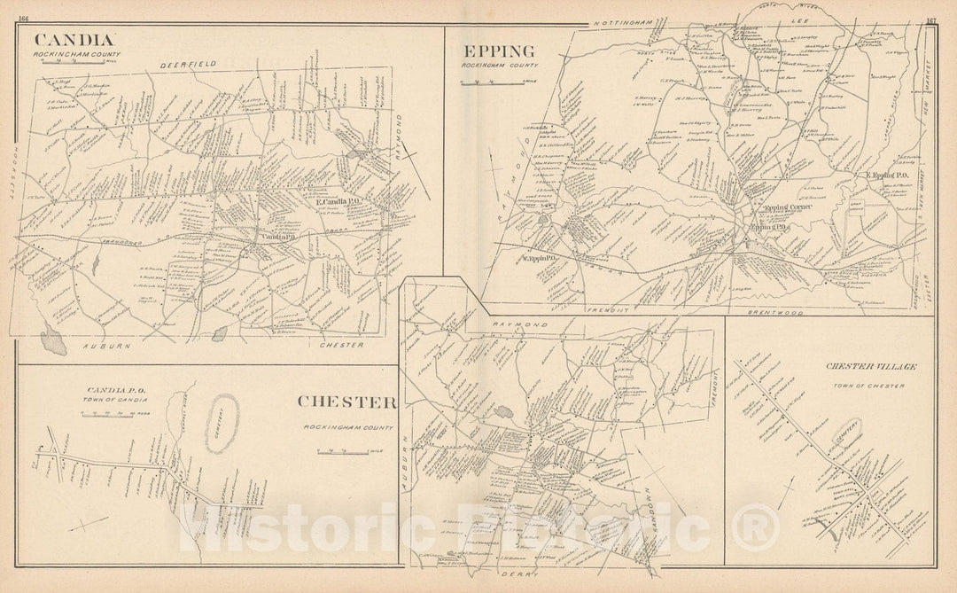 Historic Map : Candia & Chester & Epping 1892 , Town and City Atlas State of New Hampshire , Vintage Wall Art