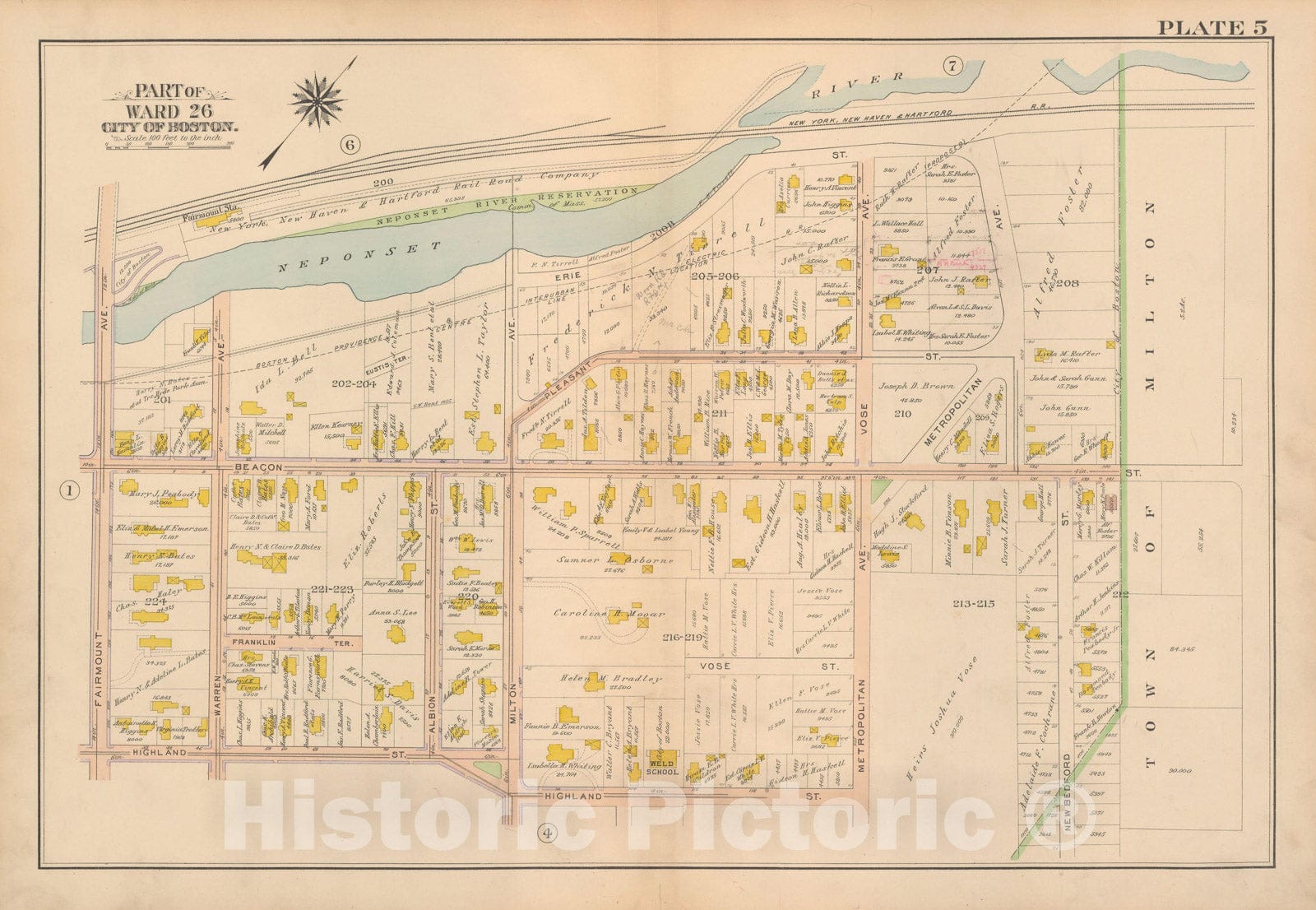 Historic Map : Atlas City of Boston Ward 26 Hyde Park, Hyde Park 1912 Plate 005 , Vintage Wall Art