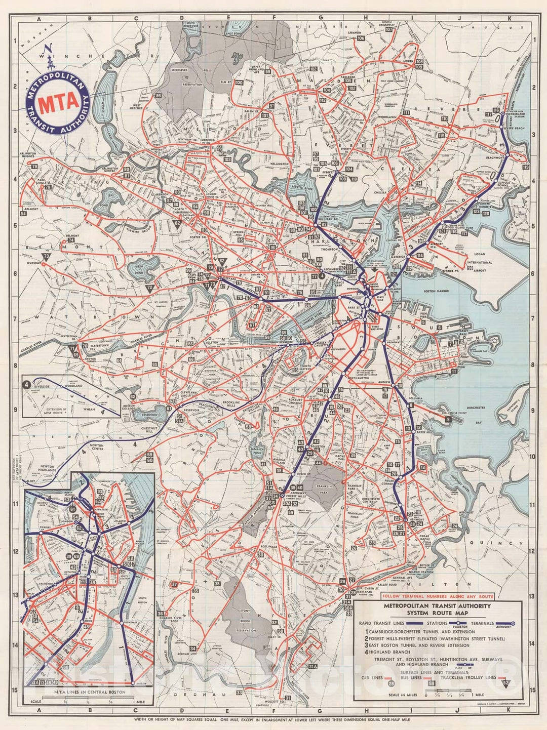 Historic Map : Greater Boston Transit Maps, Boston MTA System Route Map 1964 Railroad Catography , Vintage Wall Art