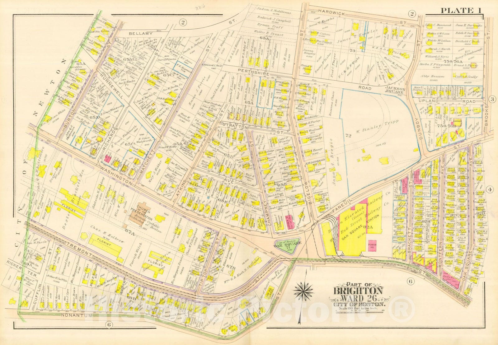 Historic Map : Atlas City of Boston, Wards 25 & 26 Brighton, Brighton 1916 Plate 001 , Vintage Wall Art