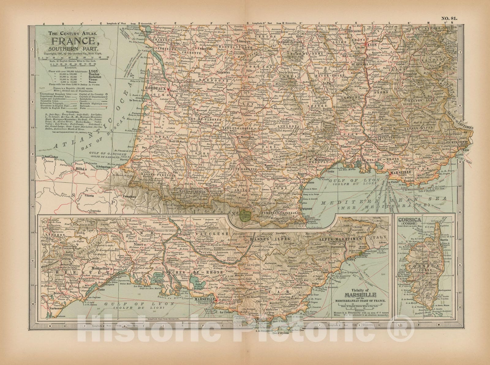 Historic Map : France 1897 , The Century Atlas World , v2, Vintage Wall Art