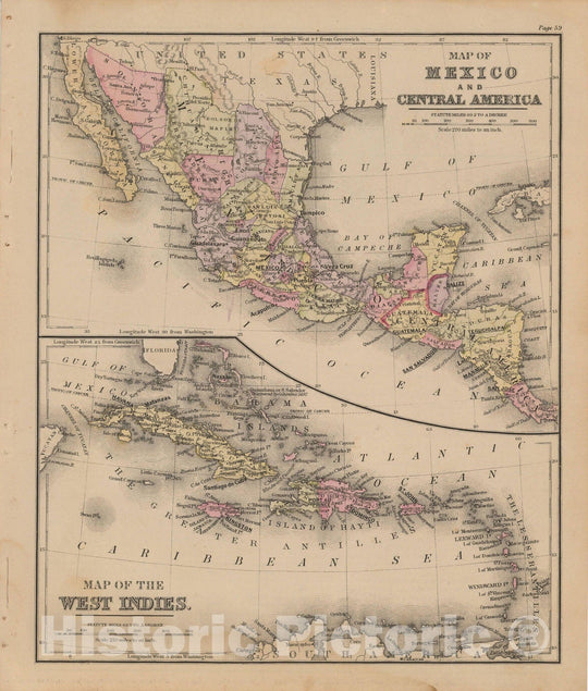 Historic Map : Warren's Common-School Geography, Mexico, Central America, West Indies 1879 , Vintage Wall Art