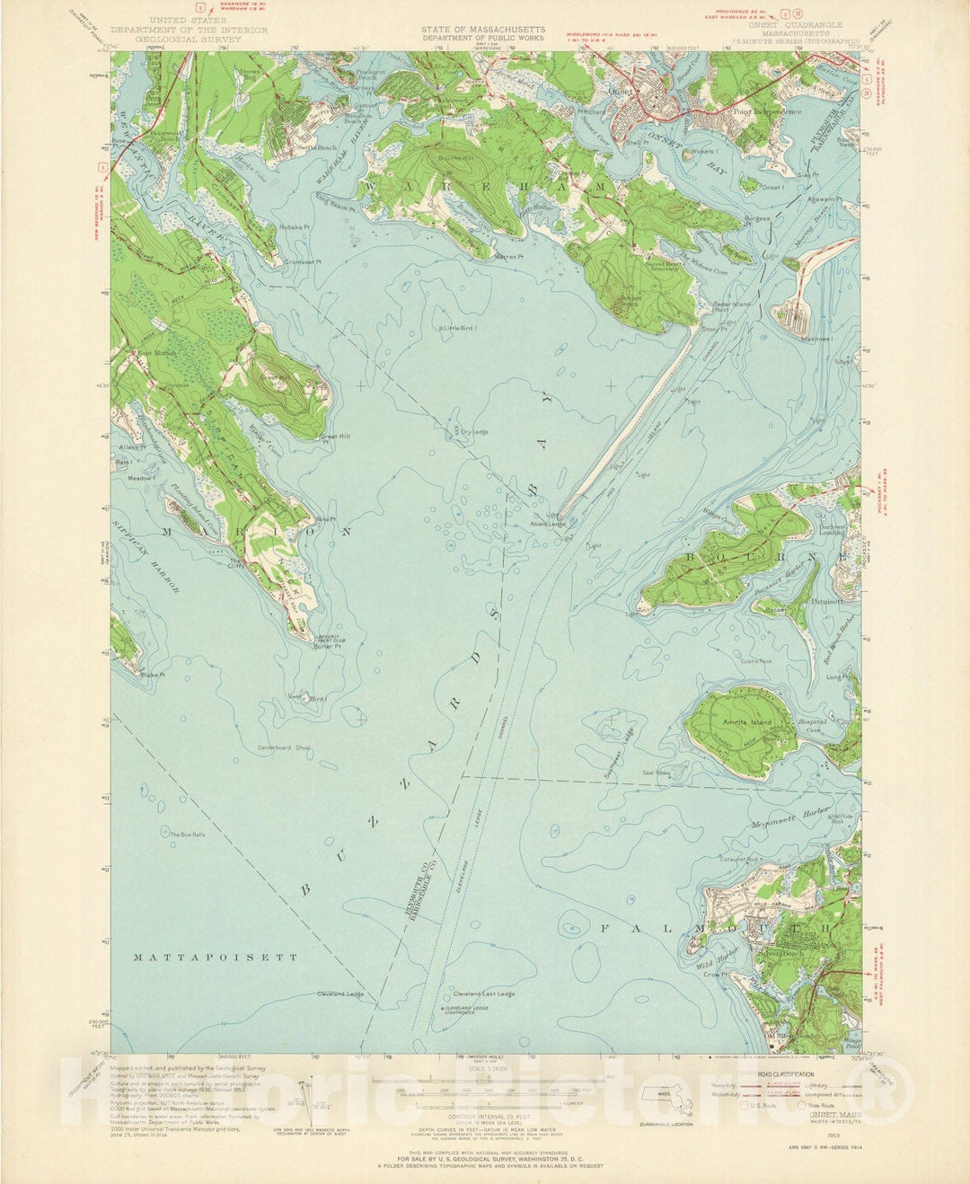 Historic Map : USGS 7.5 Minute Sheets and Quadrangles, Buzzards Bay & Falmouth & Onset & Wareham 1953 Topographic Map , Vintage Wall Art