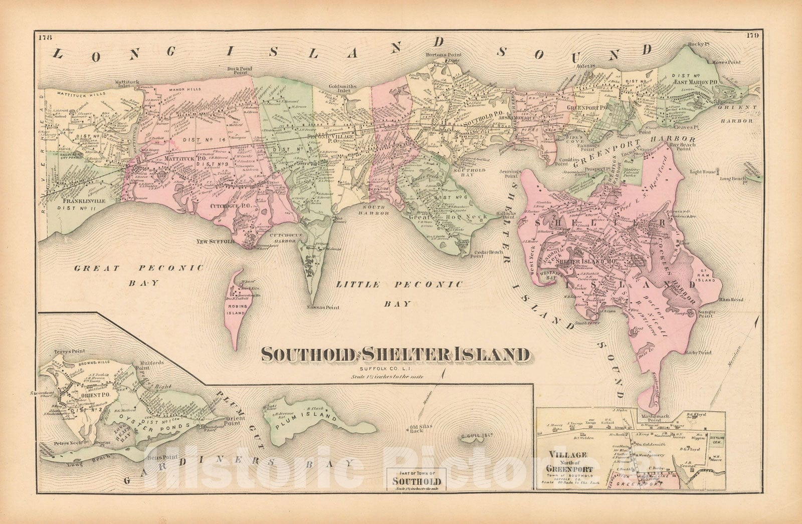 Historic Map : Atlas of Long Island, New York, Shelter Island & Southold 1873 , Vintage Wall Art