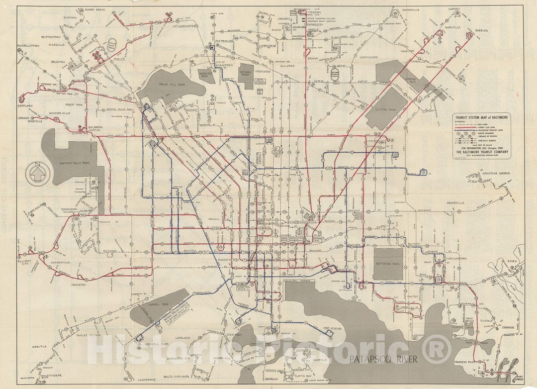 Historic Map : Transit System Map of Baltimore 1950 Railroad Catography , Vintage Wall Art