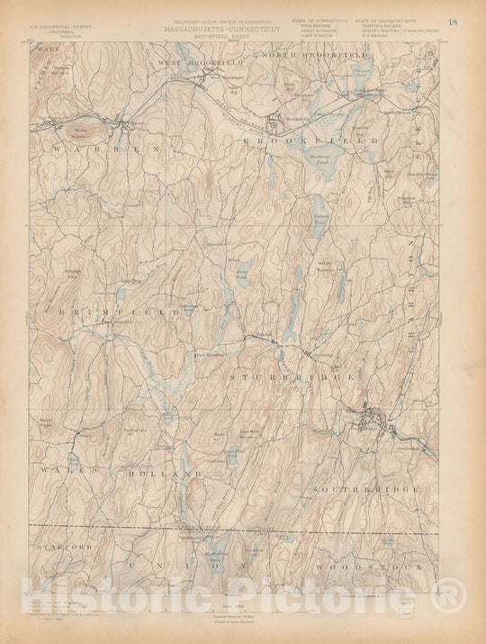 Historic Map : Atlas of Massachusetts, Brimfield & Brookfield & Sturbridge & Warren 1890 Page 18 Topographic Map , Vintage Wall Art