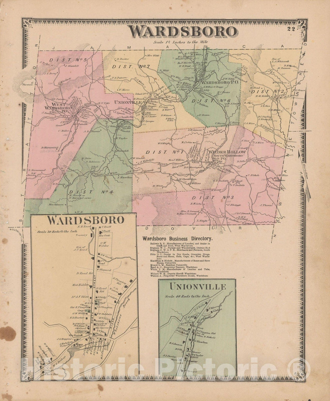 Historic Map : Atlas of Windham County, VT, Wardsboro 1869 , Vintage Wall Art