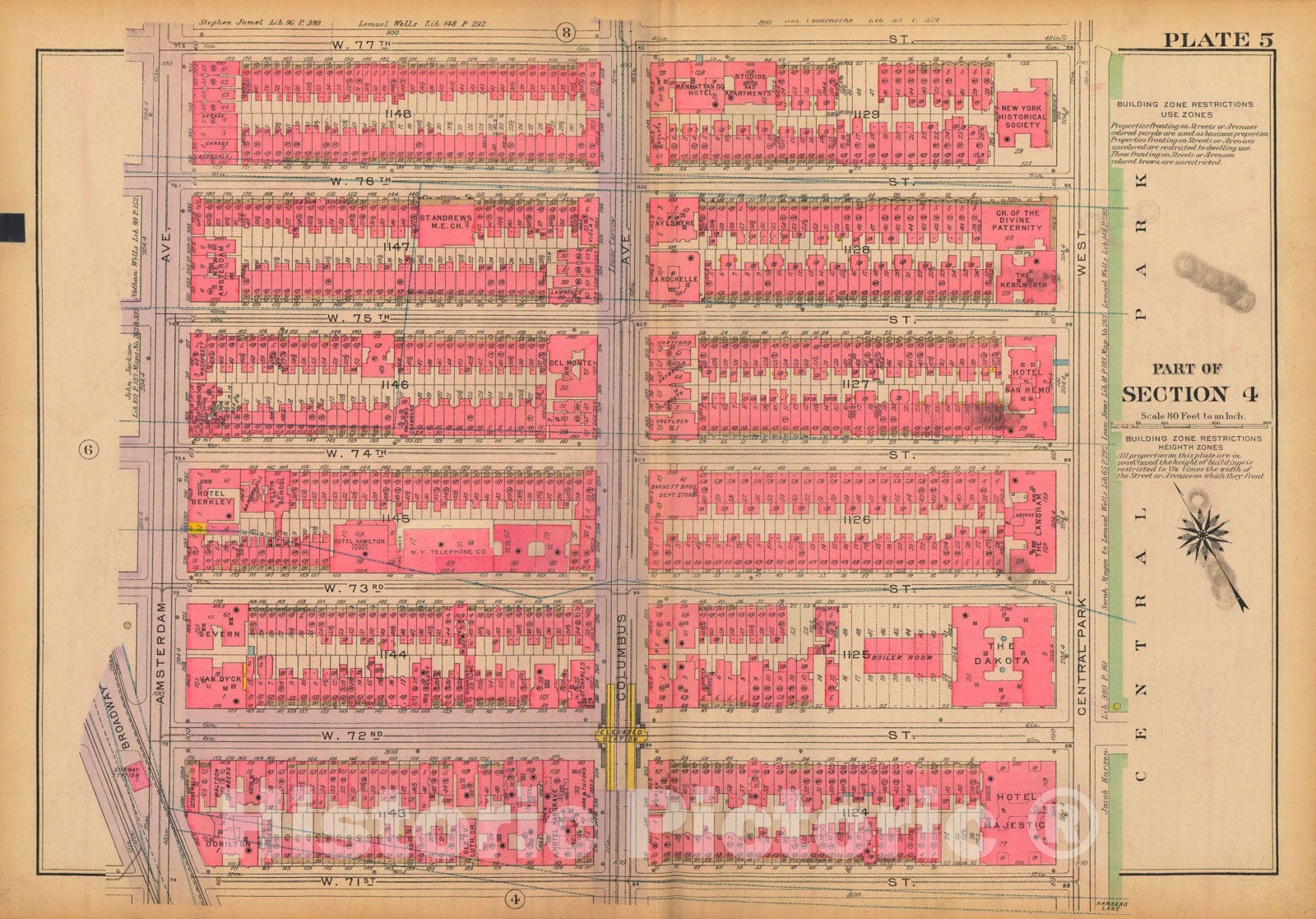 Historic Map : Atlas City of New York, Borough of Manhattan, Volume 3, 59th St to 110th St, Manhattan 1921 Plate 005 , Vintage Wall Art