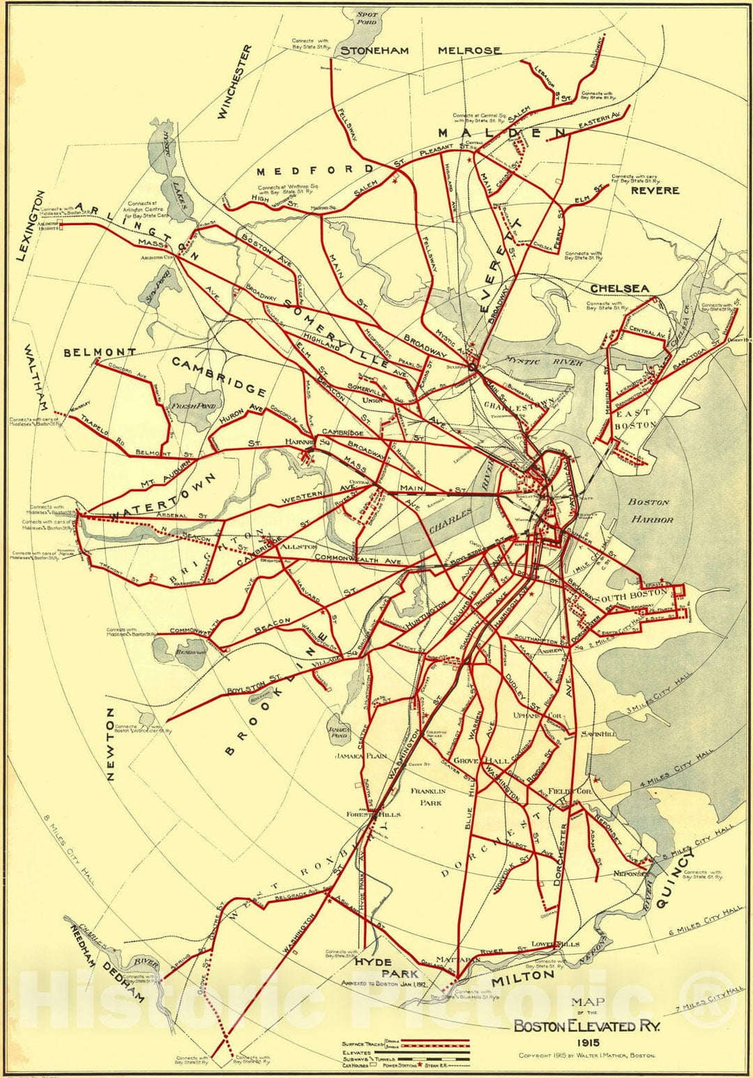 Historic Map : Greater Boston Transit Maps, Boston Elevated Railway 1915 Railroad Catography , Vintage Wall Art