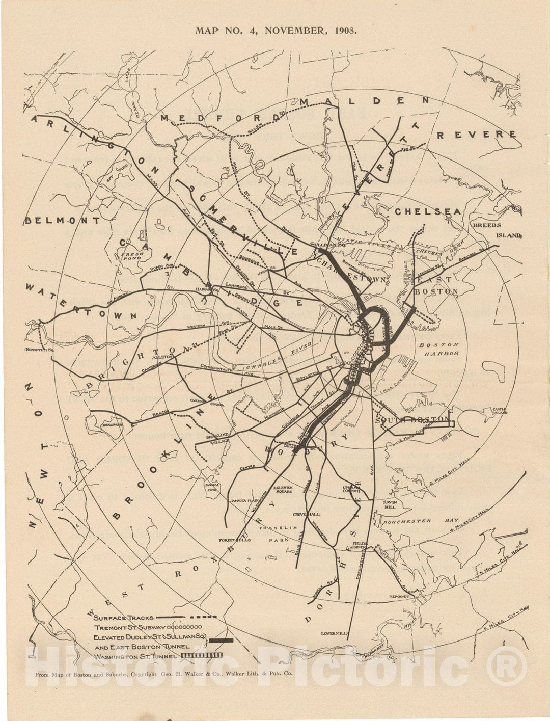 Historic Map : Boston Elevated Railway Co. Informational Maps, Map 4: System November 1908; published 1910 Transit Railroad Catography , Vintage Wall Art