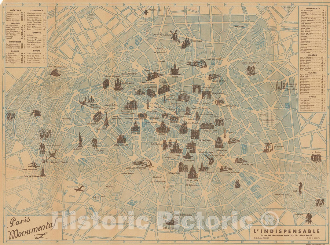 Historic Map : Europe, Paris Monumental 1944 , Vintage Wall Art