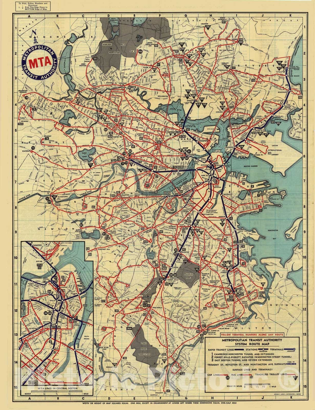 Historic Map : Greater Boston Transit Maps, Boston MTA System Route Map 1954 Railroad Catography , Vintage Wall Art