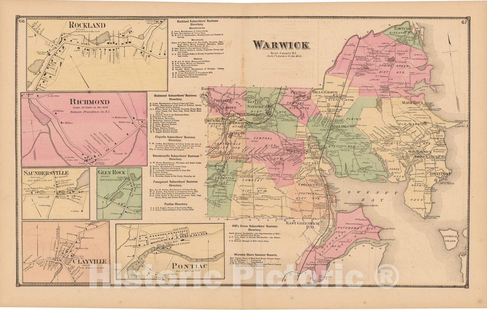 Historic Map : Atlas State of Rhode Island, Clayville & Rockland & Warwick 1870 , Vintage Wall Art