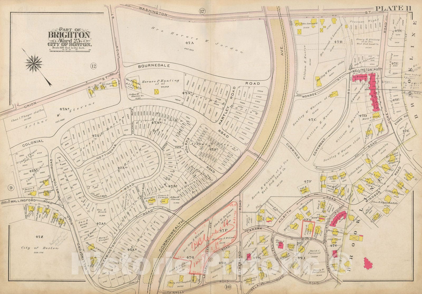 Historic Map : Atlas City of Boston Ward 25 Brighton, Brighton 1909 Plate 011 , Vintage Wall Art