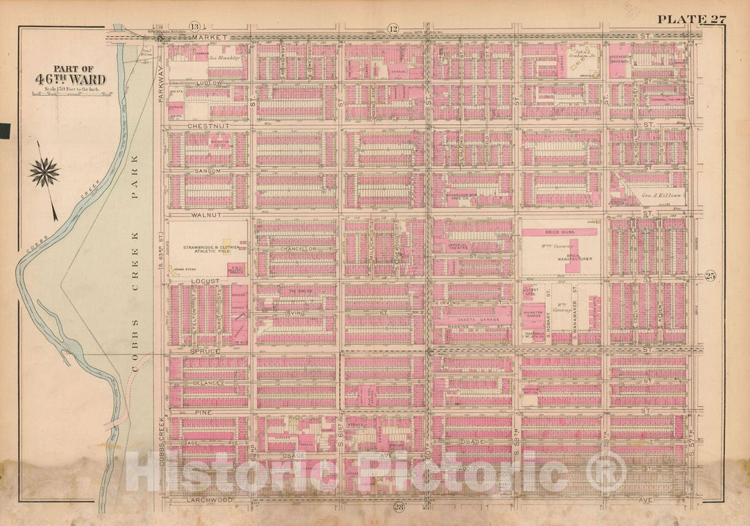 Historic Map : Atlas City of Philadelphia Wards 24,27,34,40,44&46 West Philadelphia, West Philadelphia 1927 Plate 027 , Vintage Wall Art