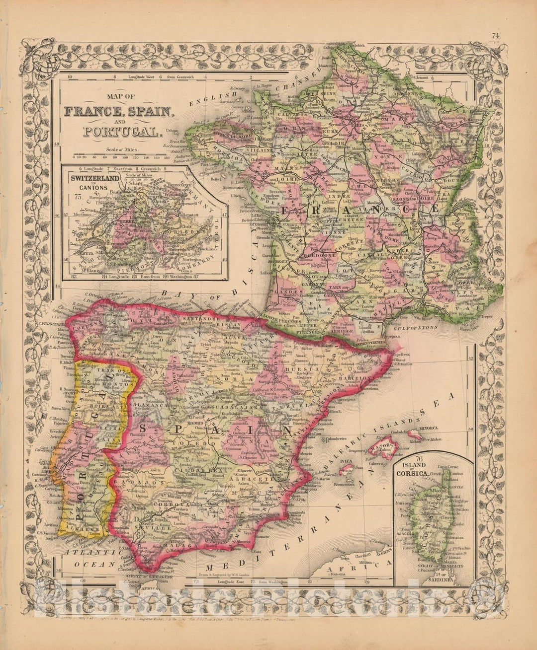 Historic Map : France & Spain & Portugal 1867 , New General Atlas , Vintage Wall Art