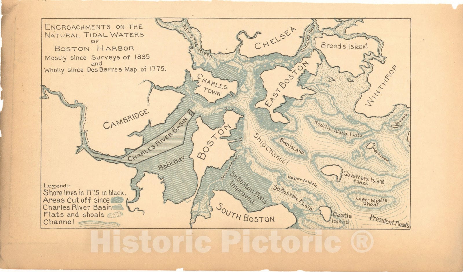 Historic Map : Encroachments on Boston Harbor 1902 Charles River Dam Report , Vintage Wall Art