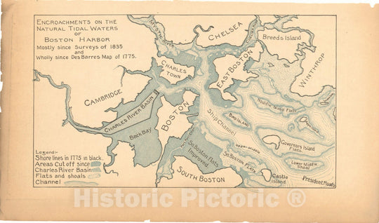 Historic Map : Encroachments on Boston Harbor 1902 Charles River Dam Report , Vintage Wall Art