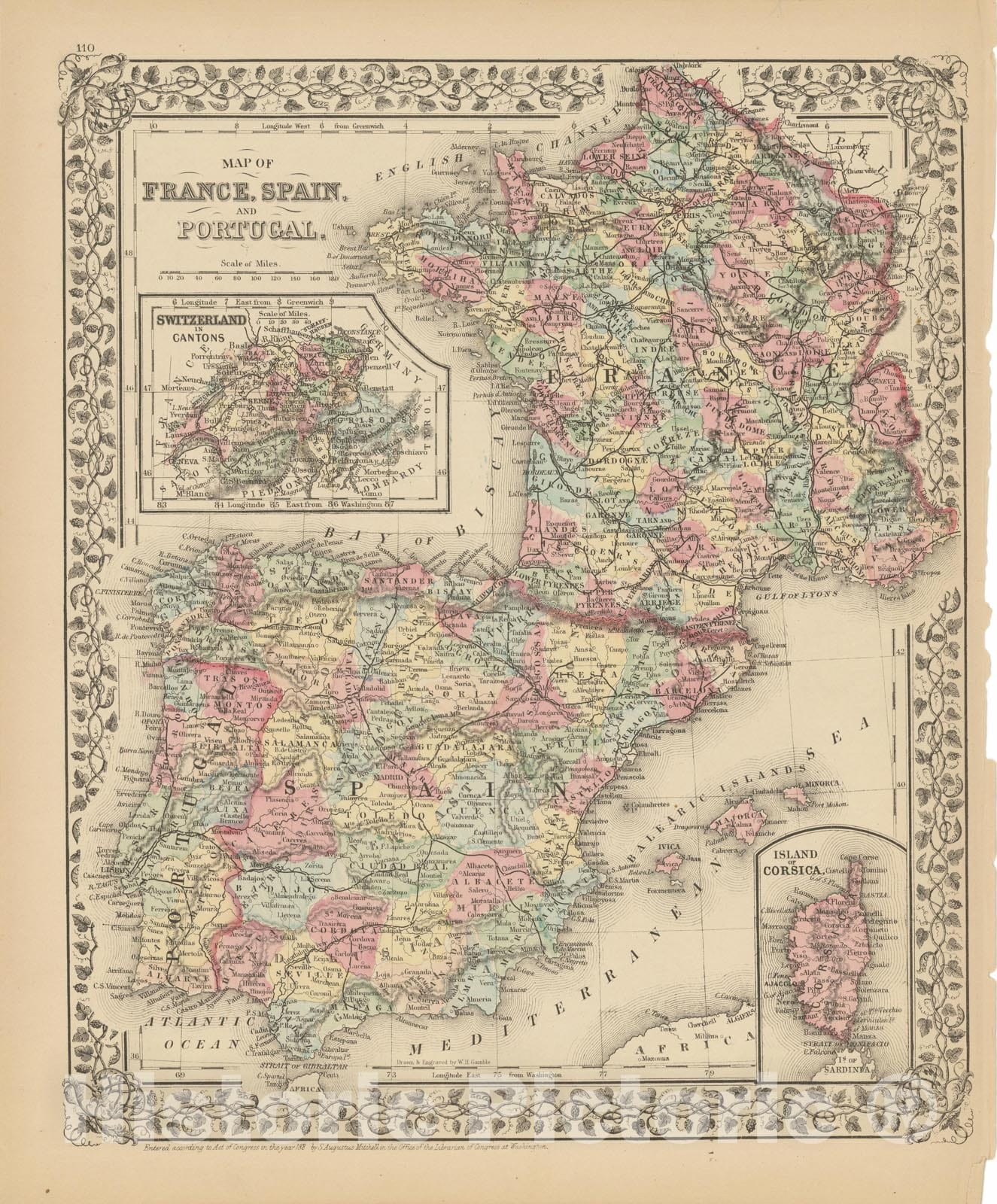 Historic Map : France & Spain & Portugal 1882 , Mitchell's New General Atlas , Vintage Wall Art