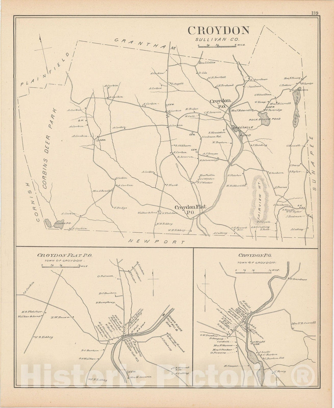 Historic Map : Croydon 1892 , Town and City Atlas State of New Hampshire , Vintage Wall Art