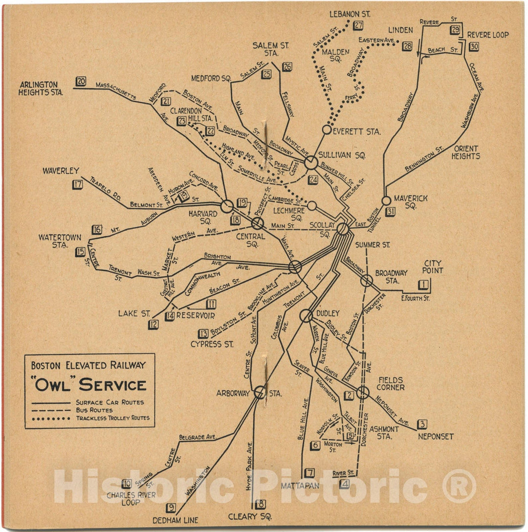 Historic Map : Greater Boston Transit Maps, Boston Elevated Railway Owl Service Map 1945 Railroad Catography , Vintage Wall Art