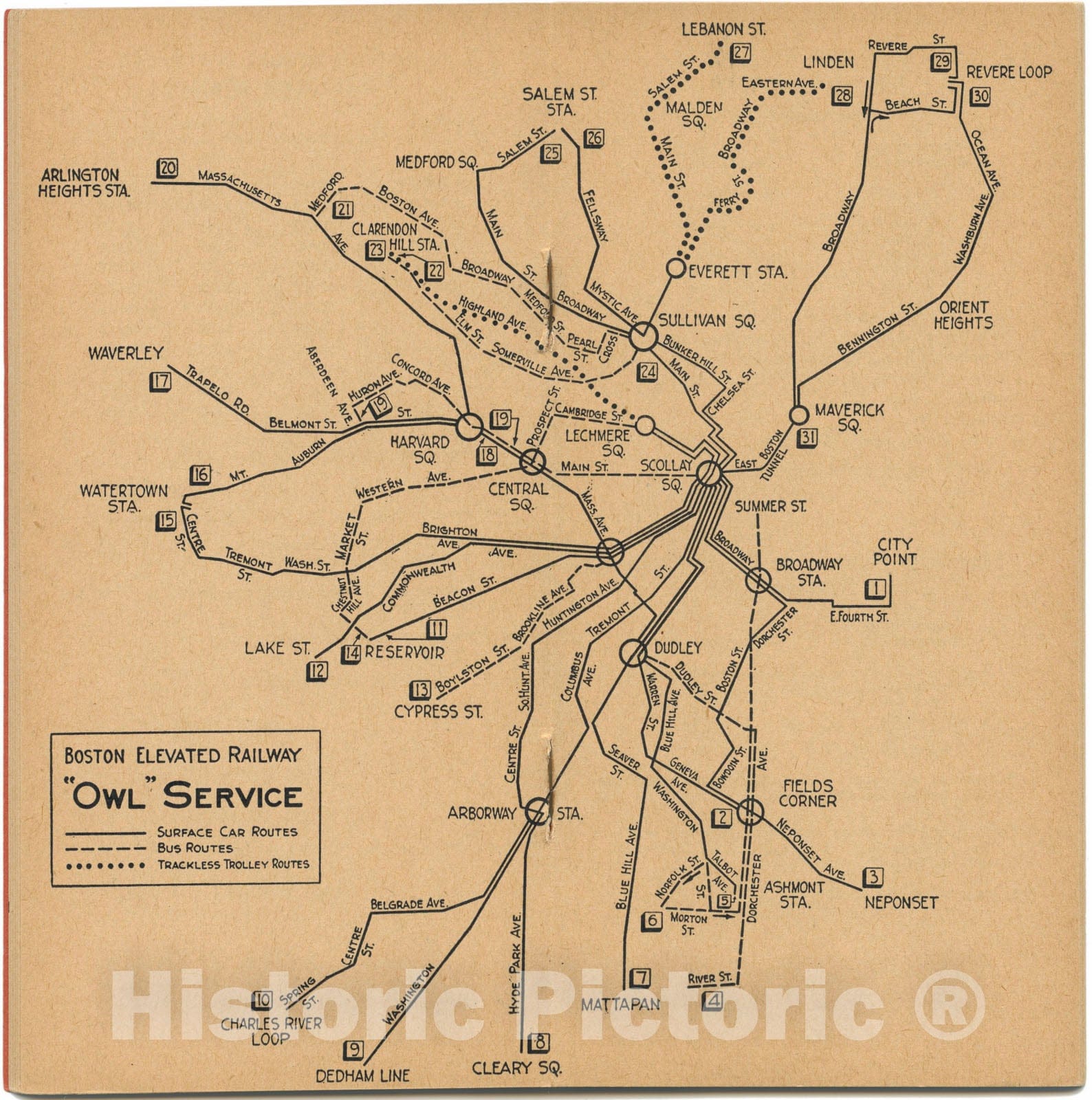 Historic Map : Greater Boston Transit Maps, Boston Elevated Railway Owl Service Map 1945 Railroad Catography , Vintage Wall Art