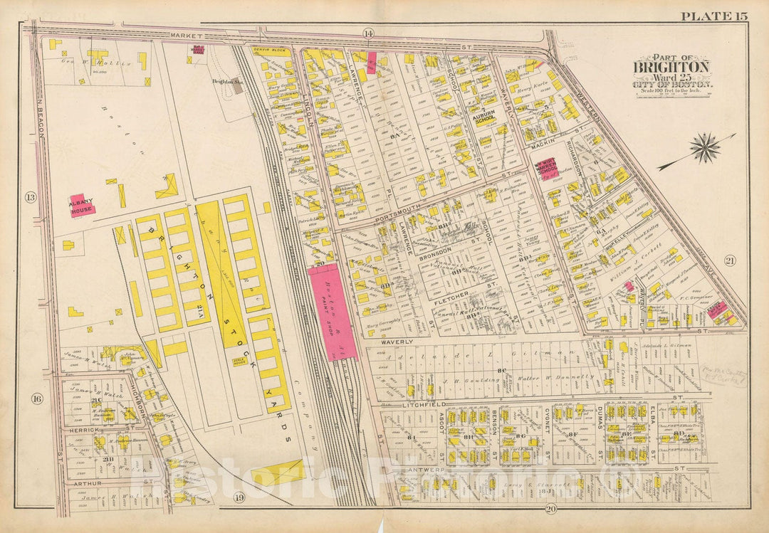 Historic Map : Atlas City of Boston Ward 25 Brighton, Allston 1909 Plate 015 , Vintage Wall Art