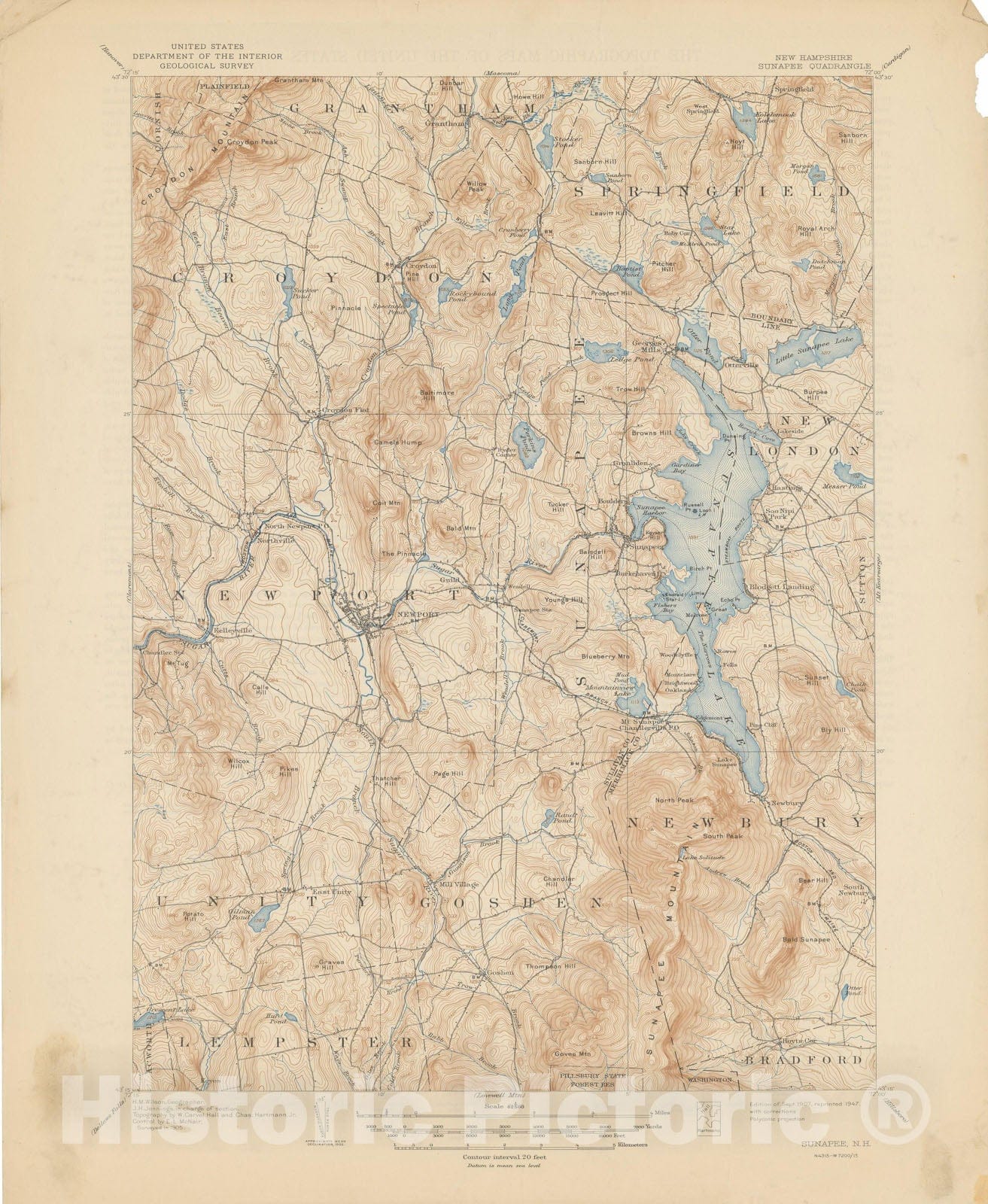 Historic Map : USGS 7.5 Minute Sheets and Quadrangles, Goshen & Lake Sunapee & Newport & Sunapee 1947 Topographic Map , Vintage Wall Art