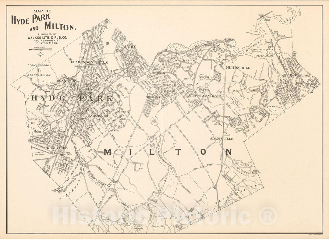 Historic Map : Hyde Park & Milton 1910 , Northeast U.S. State & City Maps , Vintage Wall Art