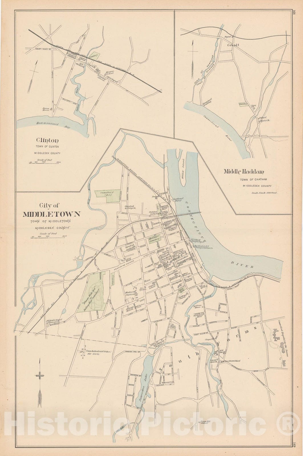 Historic Map : Chatham & Clinton & Middletown 1893 , Town and City Atlas State of Connecticut , Vintage Wall Art