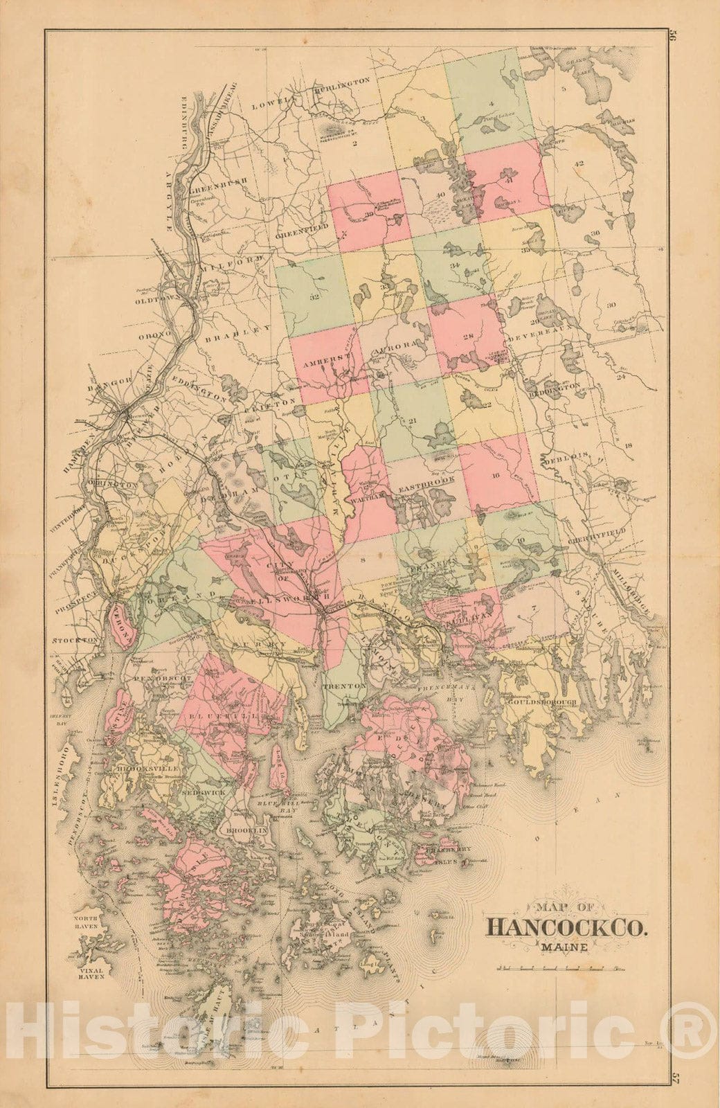 Historic Map : Atlas State of Maine, Hancock 1894-95 , Vintage Wall Art