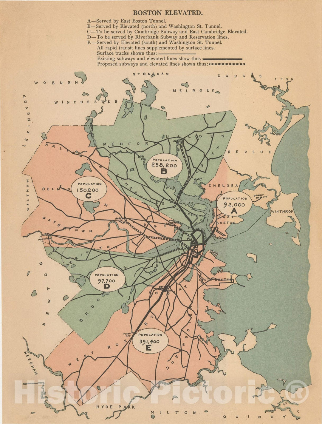 Historic Map : Greater Boston Transit Maps, Boston Elevated Railway 1900 Railroad Catography , Vintage Wall Art