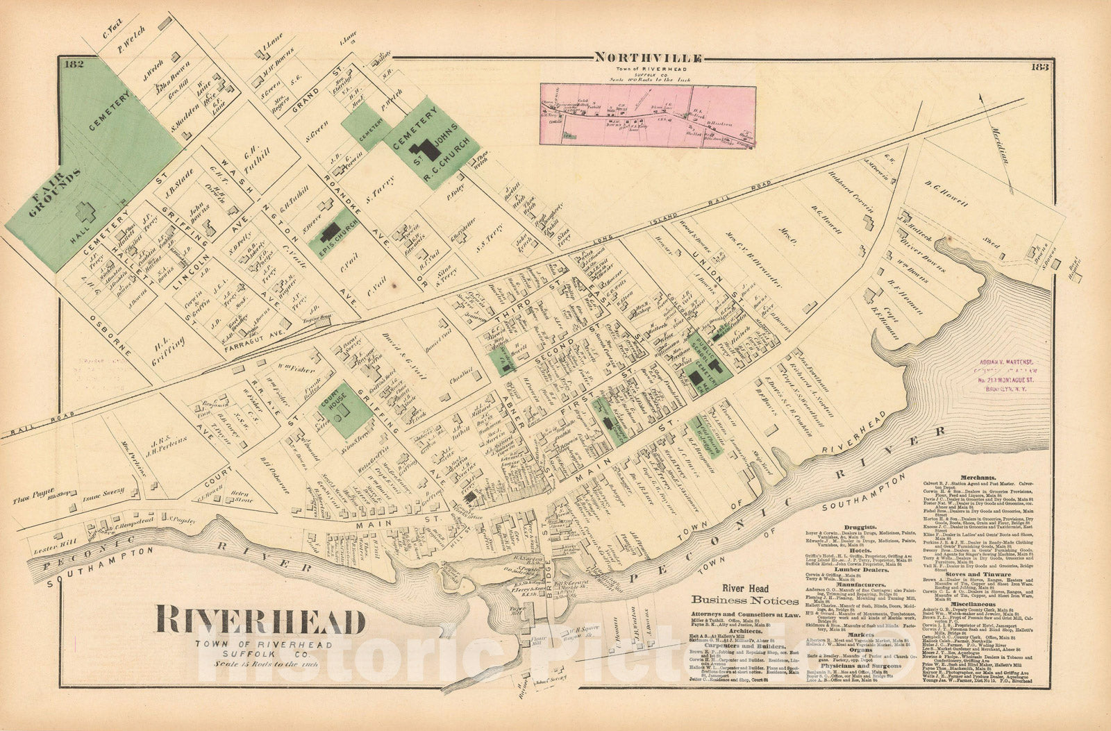 Historic Map : Atlas of Long Island, New York, Riverhead 1873 , v2, Vintage Wall Art