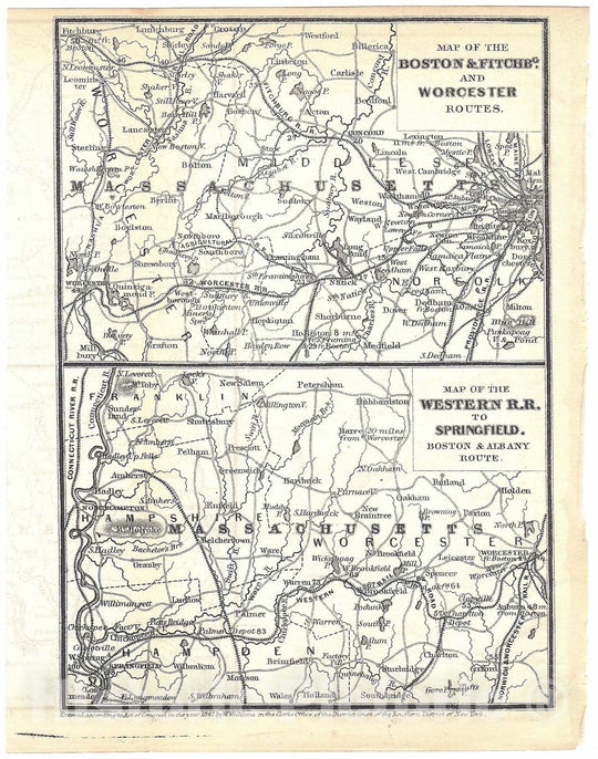 Historic Map : Railroad Maps of the United States, Boston & West of Boston 1848 , Vintage Wall Art