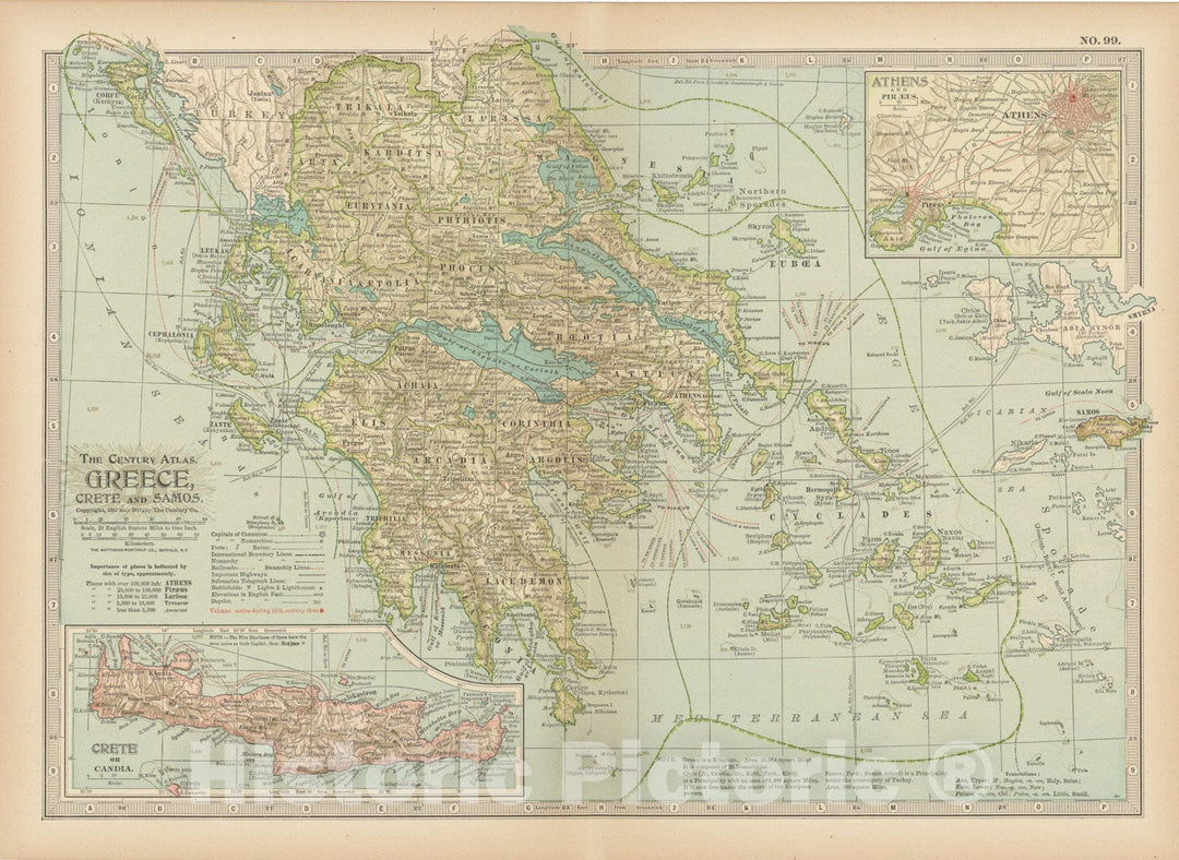 Historic Map : Greece 1914 , Century Atlas of the World, Vintage Wall Art