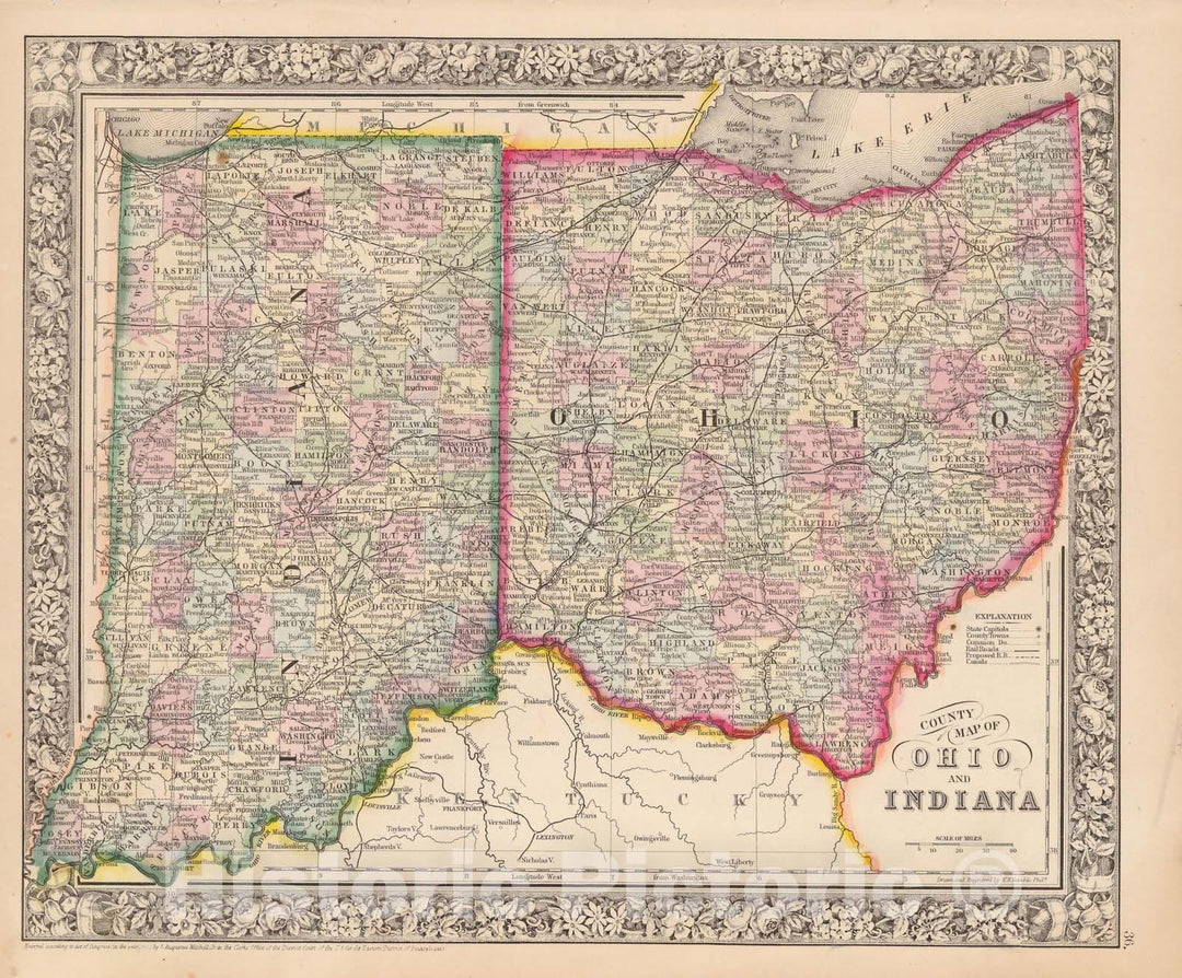 Historic Map : Indiana & Ohio 1864 , New General (World) Atlas , Vintage Wall Art