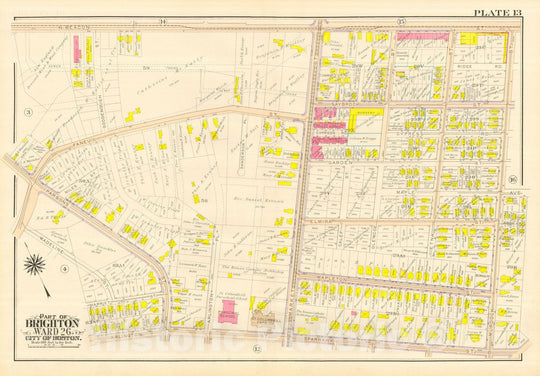 Historic Map : Atlas City of Boston, Wards 25 & 26 Brighton, Brighton 1916 Plate 013 , Vintage Wall Art