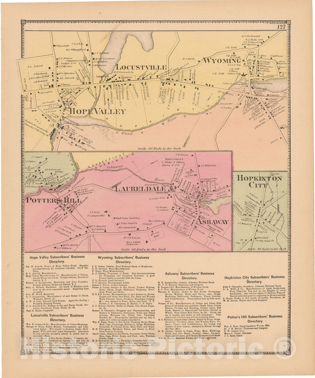 Historic Map : Atlas State of Rhode Island, Laureldale & Locustville & Potters Hill & Wyoming 1870 , Vintage Wall Art