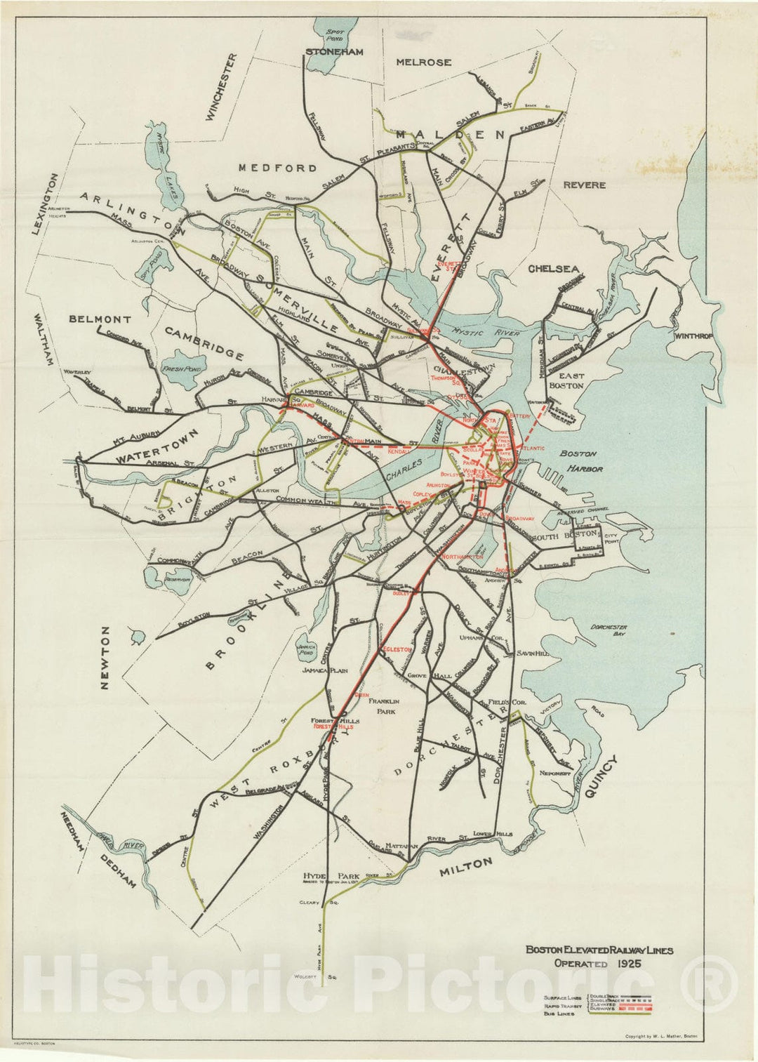 Historic Map : Greater Boston Transit Maps, Boston Elevated Railway Lines 1925 Railroad Catography , Vintage Wall Art