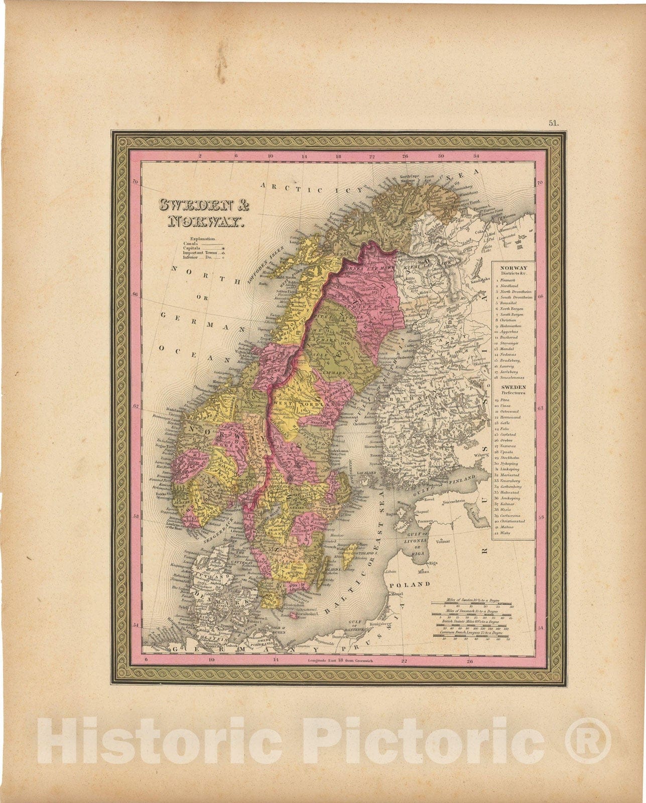 Historic Map : Sweden & Norway 1847 , A New Universal Atlas of the World , Vintage Wall Art