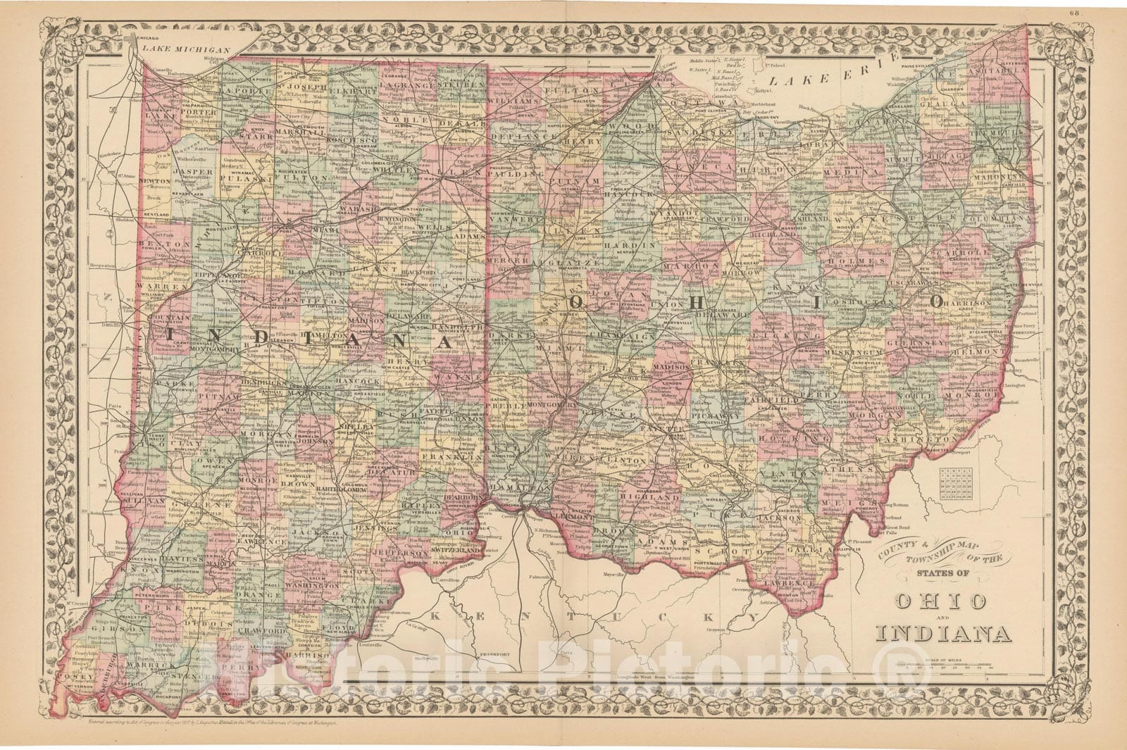 Historic Map : Indiana & Ohio 1882 , Mitchell's New General Atlas , Vintage Wall Art