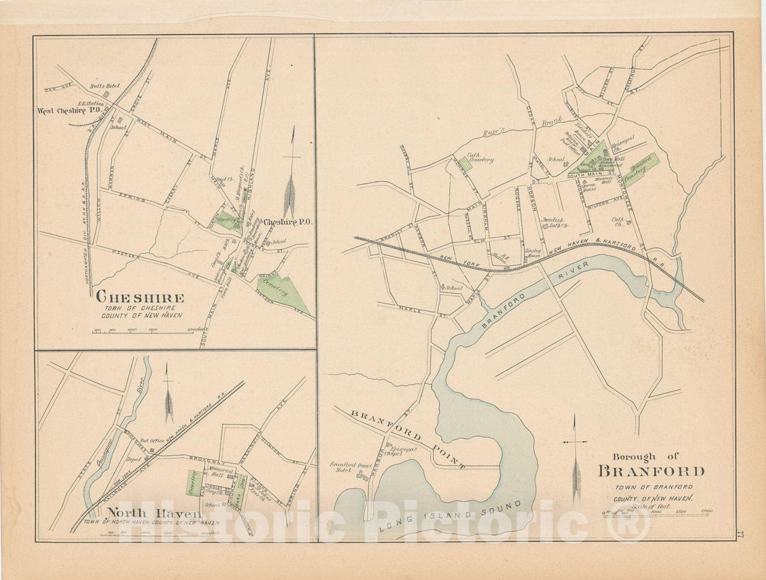 Historic Map : Branford & Cheshire & North Haven 1893 , Town and City Atlas State of Connecticut , Vintage Wall Art