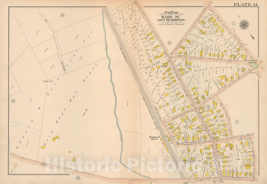 Historic Map : Atlas City of Boston Ward 26 Hyde Park, Hyde Park 1912 Plate 014 , Vintage Wall Art